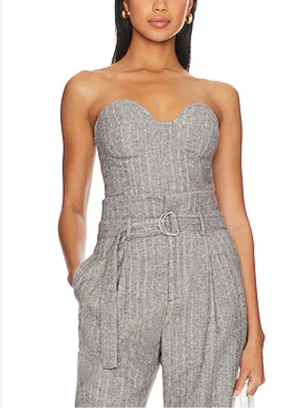 New! Line & Dot Paola Gray Herringbone Bustier Top Belted Pants Set 57246